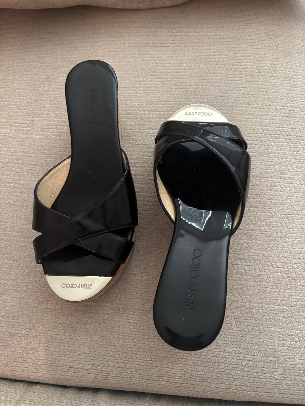 Jimmy Choo Black Patent Crisscross Slide Mules